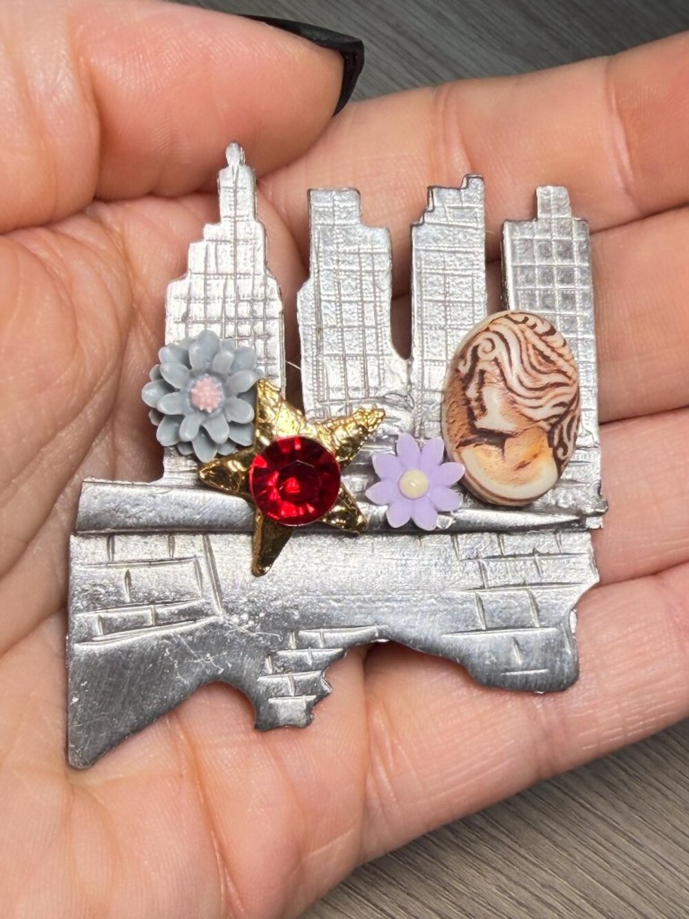 UltraCraft Vintage Cityscape Brooch Handmade Upcycled Cameo Flower Pin